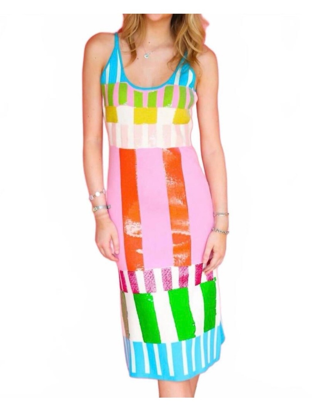 QUEEN OF SPARKLES colorblock stripe knit midi dress in pink multi sequins S